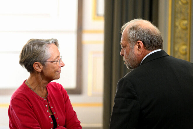 Elisabeth Borne et Éric Dupond-Moretti lors de la réception des préfets au palais de l'Elysée à Paris, le 15 septembre 2022. © Photo Jacques Witt / Pool / Abaca