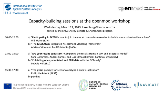 Agenda for the capacity-building sessions of the openmod workshop, hosted by the IIASA Energy, Climate, and Environment program (ECE), Wednesday March 22, 2023