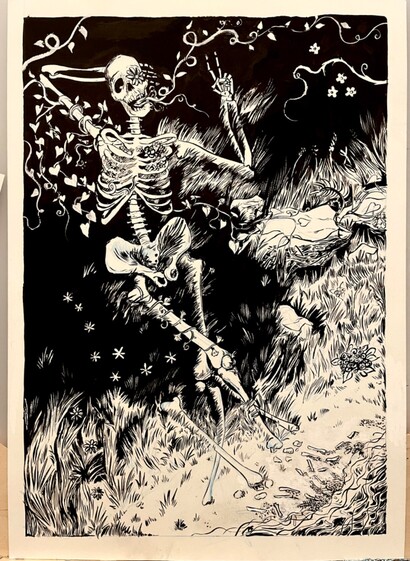 A photograph of an ink drawing depicting a skeleton lying in a relaxed posture on a grassy river bank. It is throwing a peace sign. Flowers and grasses grow between its bleached bones, and it seems to be grinning.