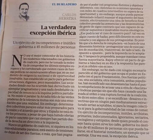 La verdadera excepción ibérica
El Burladero, columna de Carlos Herrera en ABC 2023, Mar.10