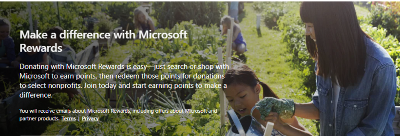 Promotional banner for donating MS Rewards points. Caption: "Make a difference with Microsoft Rewards. Donating with Microsoft Rewards is easy - just search or shop with Microsoft to earn points, then redeem those points for donations to select nonprofits."