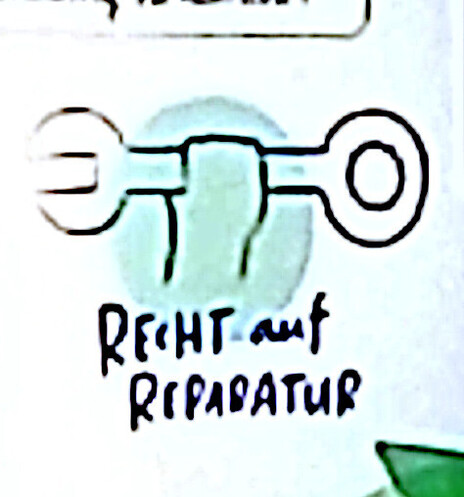 Eine stilisierte Hand hält einen Schraubenschlüssel in die Luft. Darunter steht Recht auf Reparatur. (Ausschnitt aus einer Präsentationsfolie zum Diskussionsergebnis eines Workshops, während der Konferenz gezeichnet von einer Künstlerin)