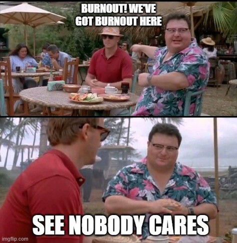 Meme from Jurassic Park where Dennis Nedry, played by Wayne Knight, where he points to the shufty guy and exclaims "Dodgson! We've got Dodgson here! See nobody cares". Instead now it says " Burnout! We've got burnout here. See nobody cares".