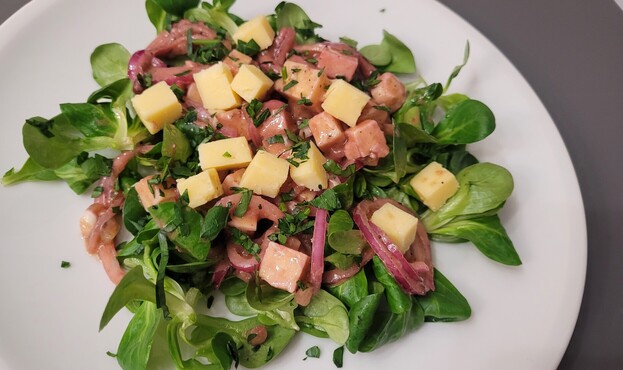 Der beschriebene Salat auf einem weißen Teller, sie Käsewürfel sind teilweise rötlich mariniert, dazwischen die roten Zwiebeln im Ringen. 