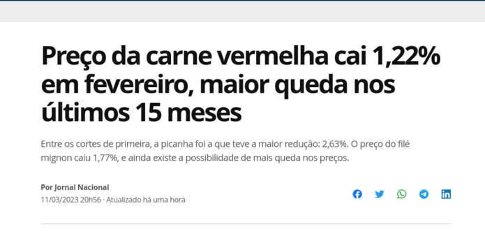 Manchete:

Preço da carne vermelha cai 1,22% em fevereiro, maior queda nos últimos 15 meses.

Entre os cortes de primeira, a picanha foi a que teve a maior redução: 2,63%. O preço do filé mignon caiu 1,77%, e ainda existe a possibilidade de mais queda nos preços.

Por Jornal Nacional

11/03/2023 20h56  Atualizado há uma hora