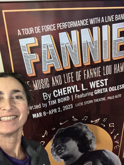 Me in front of the backdrop for the Theatre Works Silicon Valley play Fannie