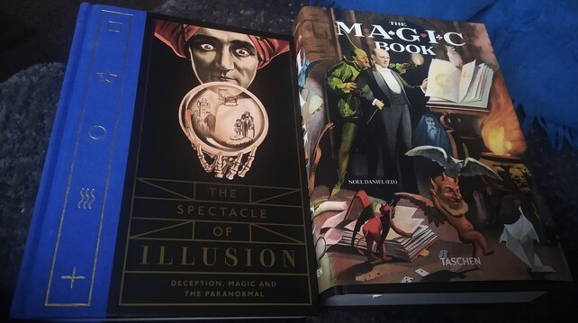 Book covers featuring vintage magic show posters. 
The Spectacle of Illusion: Deception, Magic and the Paranormal. 
And Taschen - The Magic Book