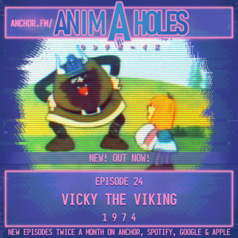 Vicky the Viking - Anim-A-Holes podcast promo art featuring Vicky and Halvar in a field before their stone moving contest