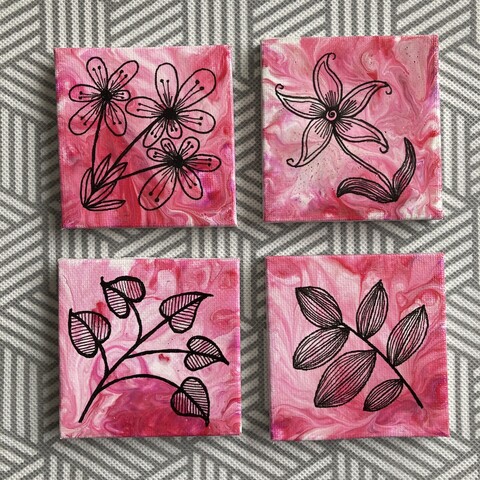 Four miniature Fluid Art Paintings with Zentangle-Inspired drawings on top