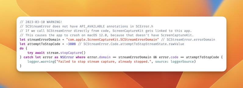 Screenshot of code that casts an Error to NSError and uses its .errorDomain and .code properties.