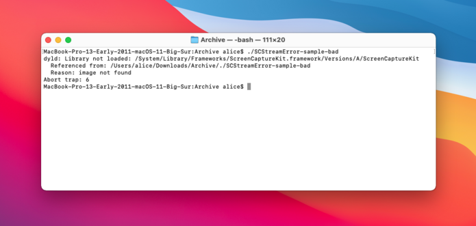 Screenshot of Big Sur terminal window showing “dyld: Library not loaded” error.