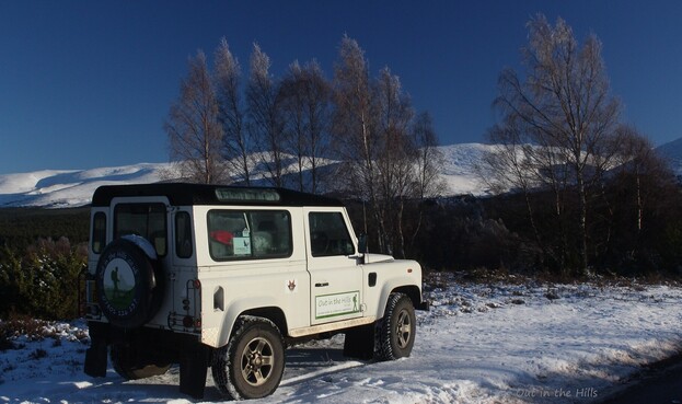 White Landrover Defender showing Out In The Hills signage parked in the snow, some trees behind, and snow covered hills in the background.