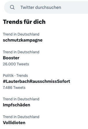 Screenshot der Twitter-Seite mit „Trends für dich“. Aufgeführt sind als Trend „schmutzkampagne“, „Booster“, „#LauterbachRausschmissSofort“, „Impfschäden“ und „Vollidioten“. 