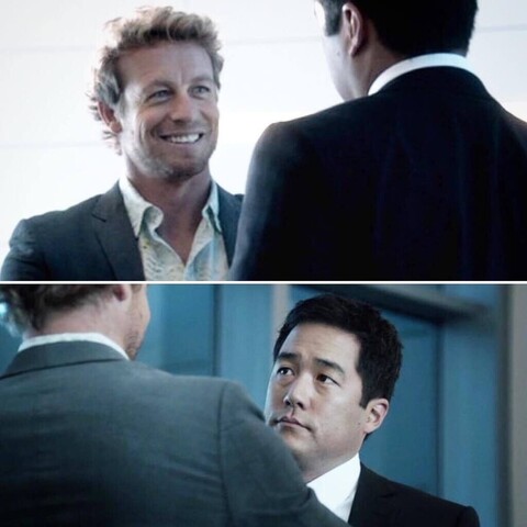 Simon Baker (Patrick Jane) and Tim Kang (as the stoic Kimball Cho) deciding on a course of action in The Mentalist TV show.