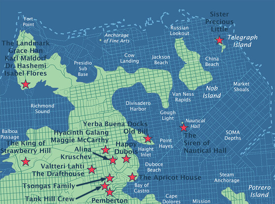 Detail of forever wave map depicting San Francisco after a 200' sea level rise. The land mass is light green, the water medium blue, and many location names are written in white text, names of characters in the play are written in dark text with arrows pointing to their locations marked with red stars.