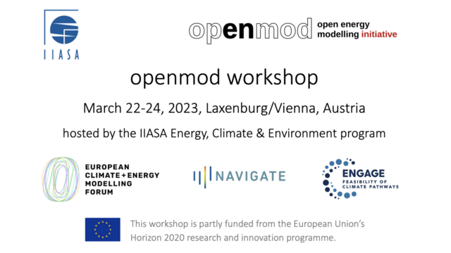 Logo announcing the openmod workshop at IIASA Vienna, March 22-24, 2023, partly funded by the EU' Horizon 2020 programme projects ECEMF, NAVIGATE and ENGAGE