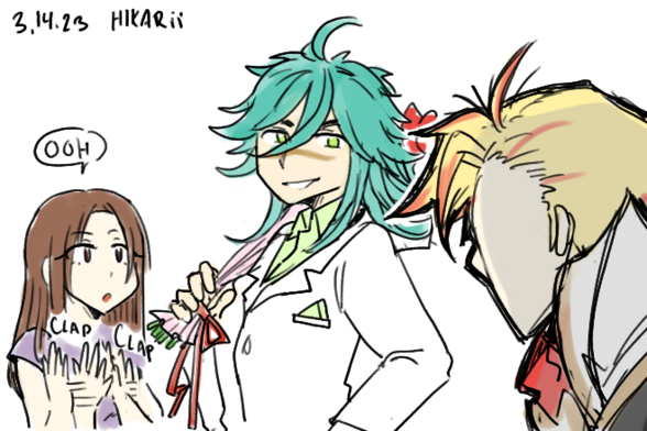 Hika (the artist) applauding and remarking "Ooh" as Grand Summoners Luda in a white suit and holding roses poses confidently in front of Grand Summoners warpath blazer orvell