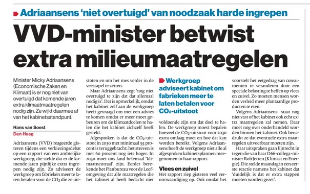 Artikel uit de Tubantia met als titel 'VVD-minister betwist extra milieumaatregelen'. In intro staat: 'Minister Micky Adriaansens van Economische Zaken en Klimaat is er nog niet van overtuigd dat de komende jaren extra klimaatmaatregelen nodig zijn. Ze wijkt daarmee af van het kabinetsstandpunt.'