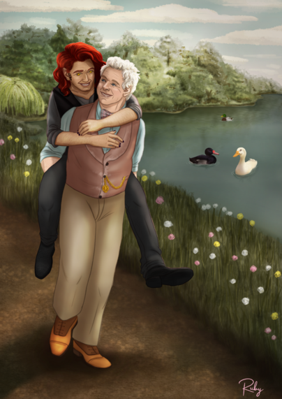 Aziraphale giving Crowley a piggyback ride