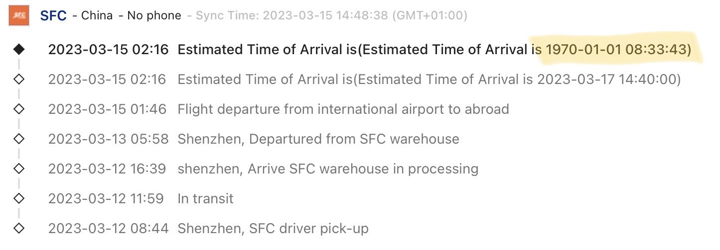 Screenshot der Tracking-Daten. Estimated Time of Arrival ist demnach am 1.1.1970. 