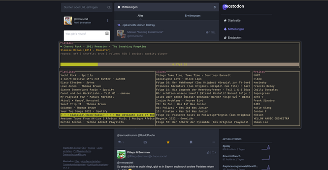 screenshot of desktop showing mastodon in the background and a terminal with Spotify running in the foreground.