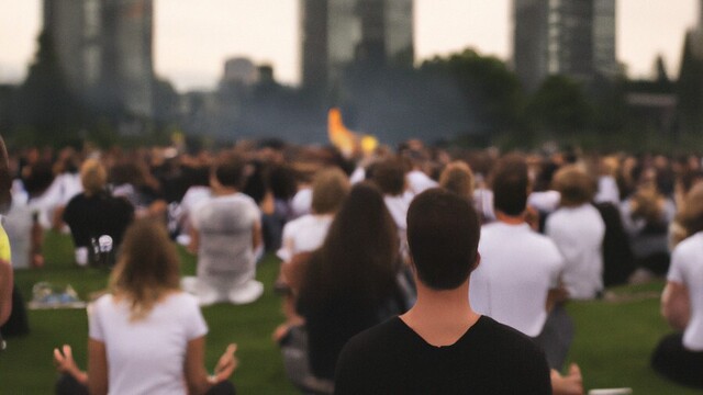 An AI generated image of a crowd of people meditating in a city park.
