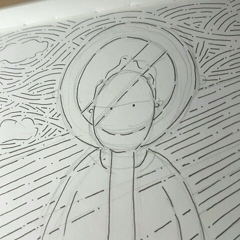 Ink on paper, art work in progress. Person with a roadsign integrated to their head and body.