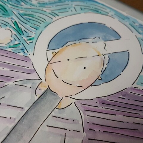 Art work in progress. Person with a roadsign integrated to their head and body. Only the outer part and cross through line of the road sign don't have colour added.