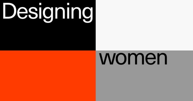 Grid in colors:
Top left: black with white text "Designing".
Top right: light gray.
Bottom left: red.
Bottom right: dark gray with black text "women".