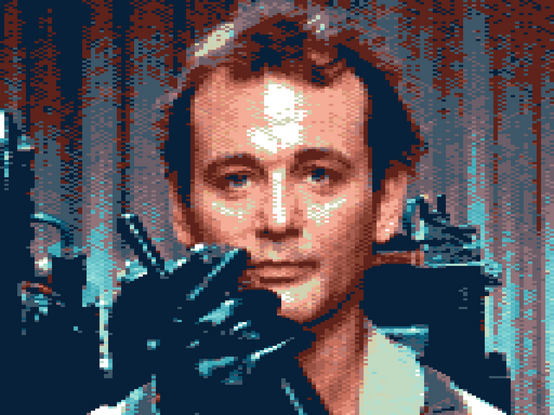 An image of Bill Murray as Venkman from the original Ghostbusters film. He’s wearing his ghost-busting suit and is on the radio to Ray, having just seen Slimer in a hotel corridor. The image is rendered in double-width “chunky” pixels, in a limited colour palette.