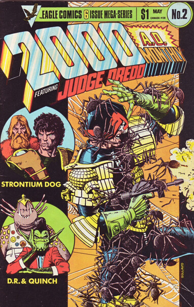 The front cover of 2000 AD Monthly Vol 1, No 2, featuring an illustration of Judge Dredd being attacked by spiders, also has Strontium Dog and Dr & Quinch inset.