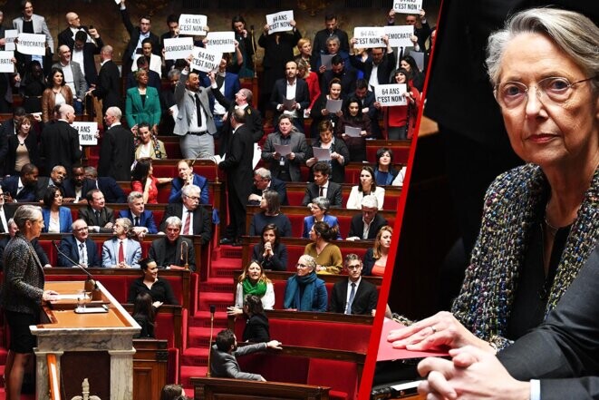 Elisabeth Borne et les rangs des députés Nupes à l’Assemblée nationale, le 16 mars 2023. © Photomontage Mediapart avec AFP