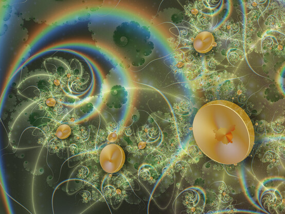 A fractal with green spiral texture in the background, rainbow curves, and gold coins with mandelbrot centers.
