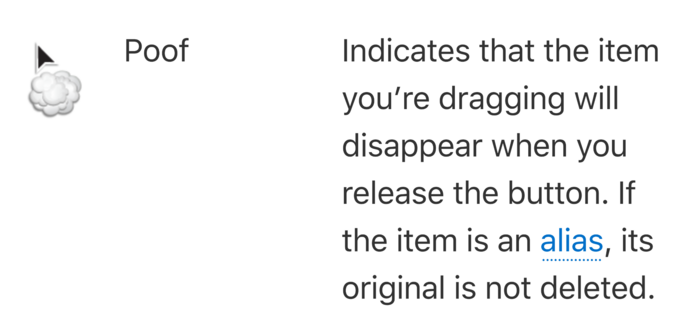 Poof - Indicates that the item you’re dragging will disappear when you release the button. If the item is an alias, its original is not deleted.