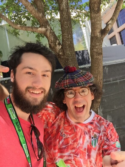 A photo of Jacob and famed band interviewer Nardwuar the Human Serviette.