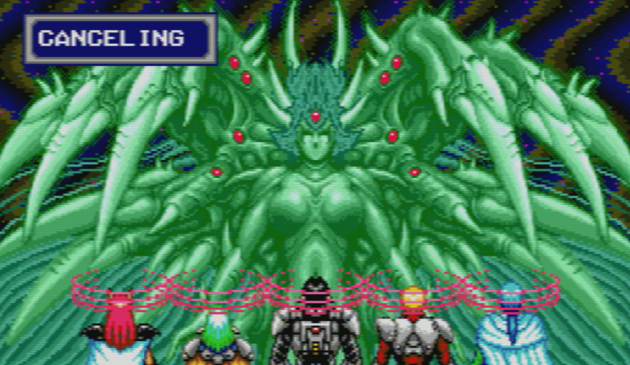 The final boss from Phantasy Star 4 using a skill called "Canceling"