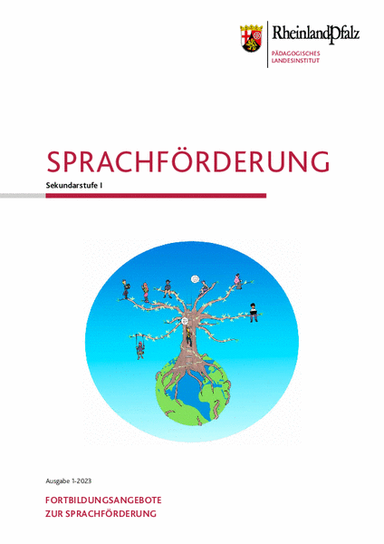 Titelbild der Broschüre mit PL-Logo, Illustration Erdkugel aus der ein Baum wächst mit Menschen an den Zweigspitzen
