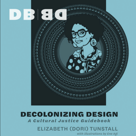 DB podcast cover.
On light blue background, illustration of  Elizabether (Dori) Tunstall in a circle made of pattern of white points on concentric multiple lineson black rectangle. 
Below, black text:
Decolonizing Design: A Cultural Justice Guidebook
Dr. Elizabether (Dori) Tunstall
with illustrations by Ene Agi