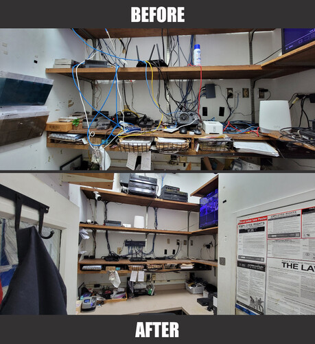 Before and after wiring cleanup (data, telephones, POS, card readers, security, surveillance and audio).