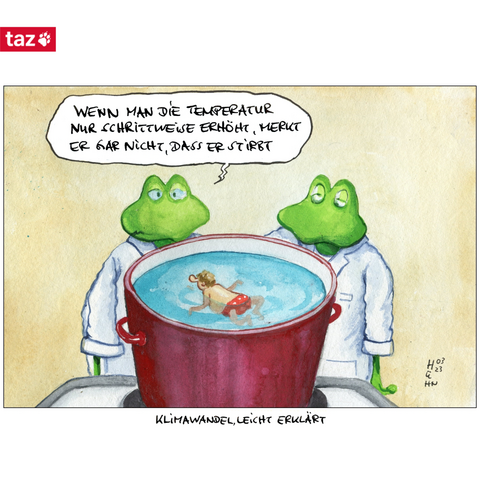 Ein aquarellierter Comic, zwei Frösche mit weißem Kittel schauen in einen Topf mit Wasser. Darin schwimmt ein kleiner Mensch mit Badehose. Ein Frosch sagt: „Wenn man die Temperatur nur schrittweise erhöht, merkt er gar nicht, dass er stirbt“. Darunter steht: „Klimawandel leicht erklärt“.