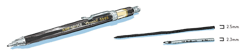 The Koh-I-Noor 2.5mm mechanical clutch pencil with it's lead and a D1 ballpoint pen refill to compare size.