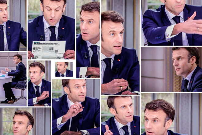 Emmanuel Macron lors de son interview télévisée, le 22 mars 2023. © Photomontage Mediapart avec captures d’écran France 2