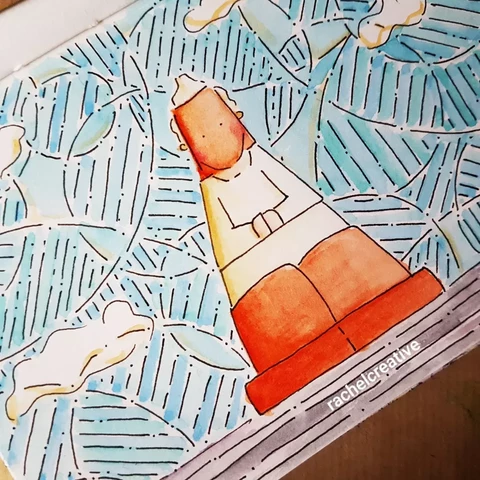 Art. A person as a traffic cone, their feet are the base, their legs the lower part, their torso the reflective stripe, their head the top tip of the cone. Behind is sky of circled stripes. Road streaks under the base.