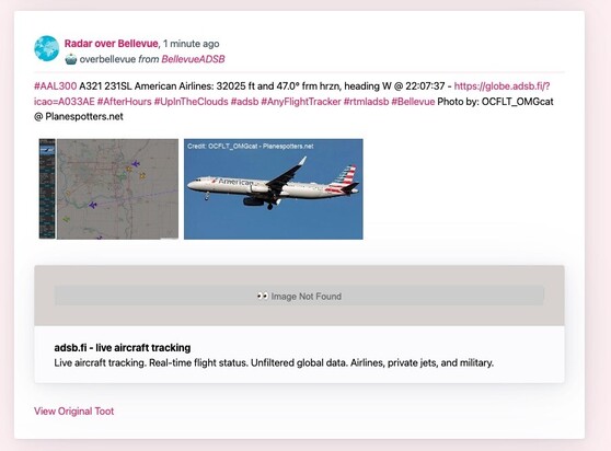 A card view of a specific post. It shows that this post was added by a Bot using “BellevueADSB”.