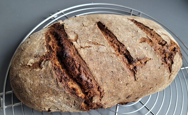 Derselbe Laib auf einem Kuchengitter, die Kruste ist drei Mal schräg eingeschnitten, einer der Schnitte ist zusätzlich stark eingerissen, auch an anderen Stellen ist die Kruste gerissen. 