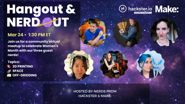 Hangout & Nerdout promotional graphic showing hosts ishotjr, Alex Glow, Jinger Zeng and guests Ellie Rose, Jessica Cobb, and Claire Danielle Cassidy and against a star-filled galactic backdrop