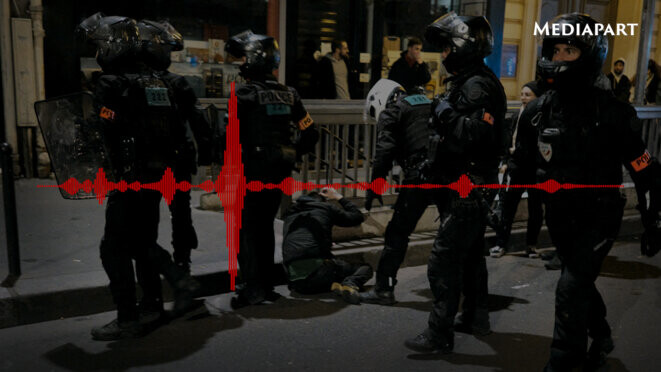 Des policiers de la Brav-M, lundi 20 mars 2023, dans les rues de Paris. © Photo Benoît Durand / Hans Lucas via AFP