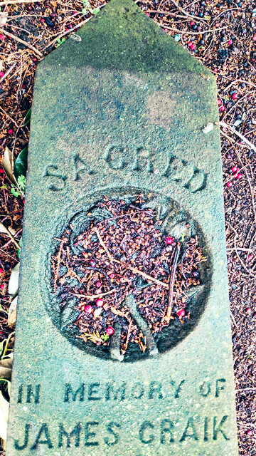 A gravestone laid flat. A bowl like area is covered with leaves. Inscription reads 'Sacred. In memory of James Craik'
