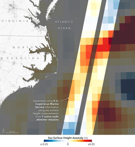 Sea Surface height map from previous ocean altimeter satellites for same area of Atlantic ocean has much coarser resolution than SWOT. Pseudocolor scale from -25 to +25 cm.