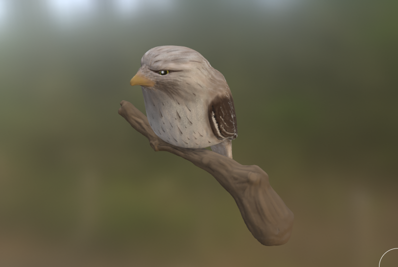 A painted sculpt of a tawny frogmouth sitting on a branch